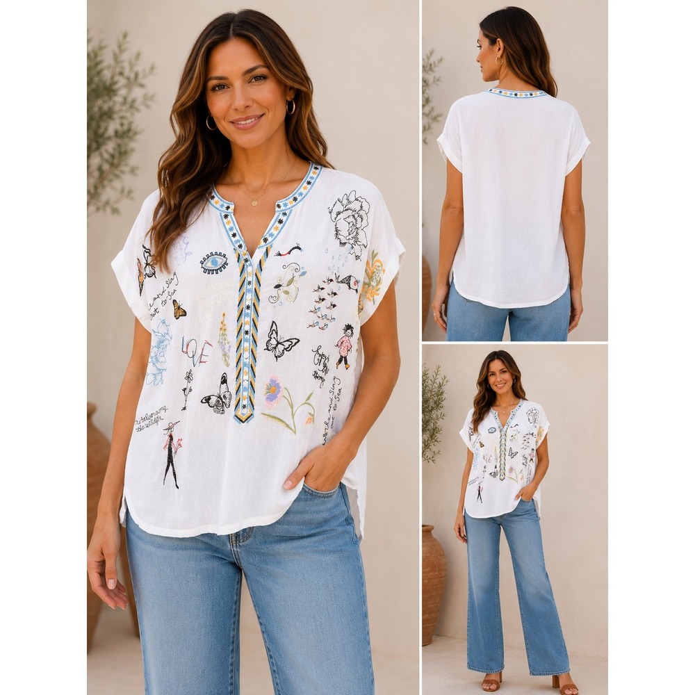 Johnny Was White Cotton Embroidered Butterfly Boho Blouse Top Medium